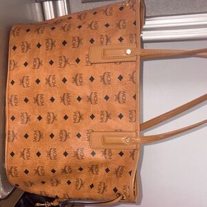 MCM Cognac Logo Tote in Brown and Black
